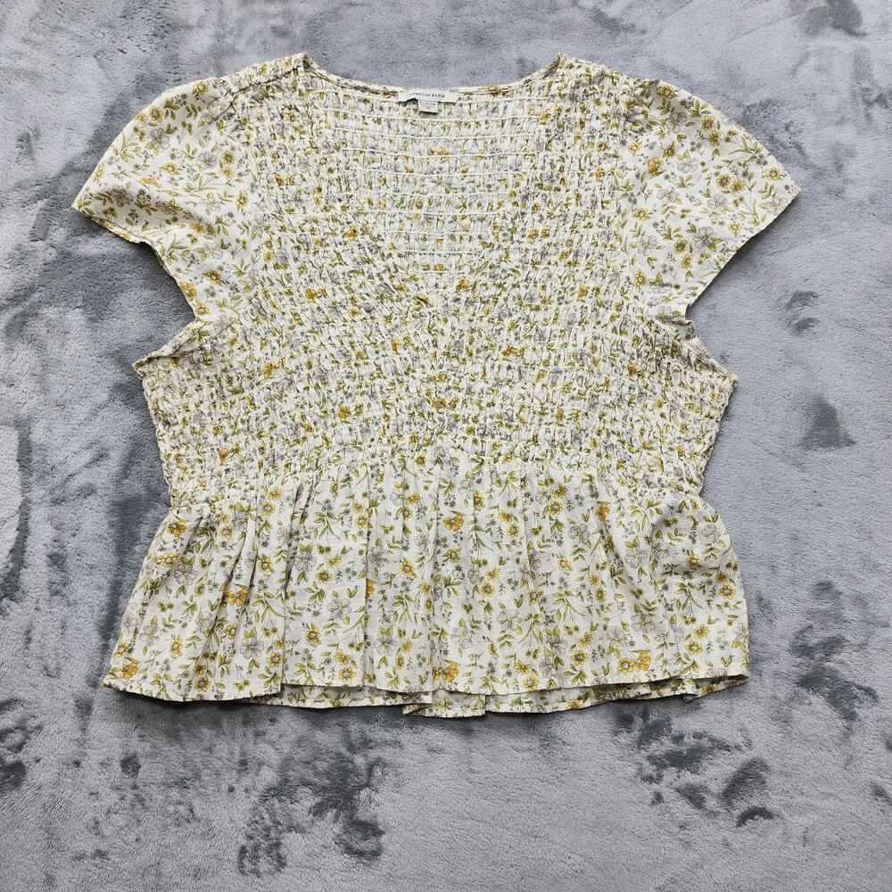 American Eagle Top Womens XL Yellow Cream Floral Smocked V-Neck Babydoll Blouse‎